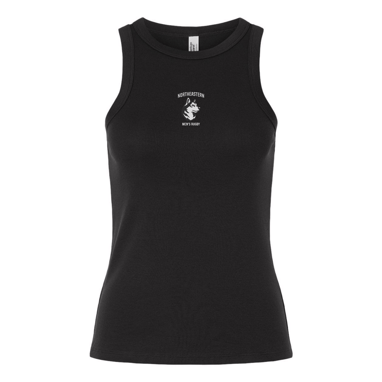 Show your team spirit with the Women's Northeastern University Rugby Baby Rib Tank by EMB S&S Activewear—a black sleeveless top featuring "NORTHEASTERN MEN'S RUGBY" and a bold white husky logo on the chest. Perfect for every supporter.