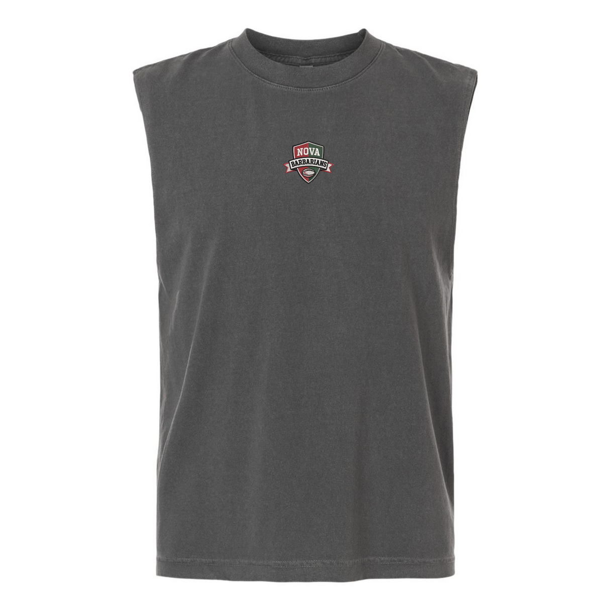 The NOVA Barbarians Rugby Unisex Muscle Tee by EMB S&S Activewear features a dark gray sleeveless design with a centered "NOVA ENGLAND" logo, green, red, and white chest detailing, and is made from heavyweight garment-dyed cotton.