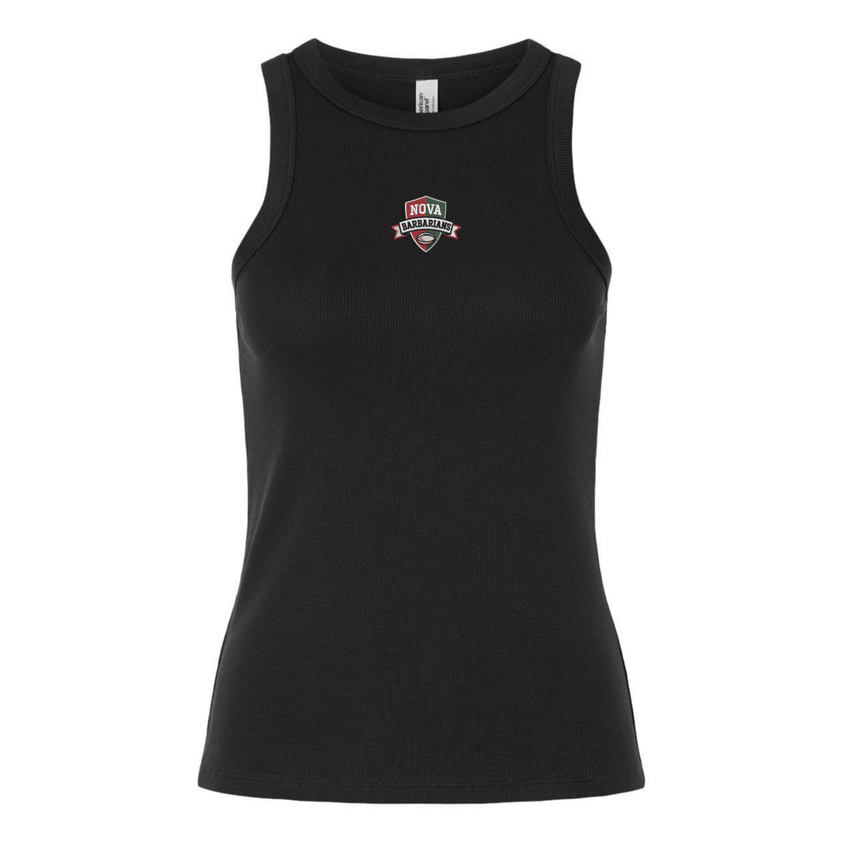 The EMB S&S Activewear Women's NOVA Barbarians Rugby Baby Rib Tank is a black tank with a small chest-center "Nova Insurance" logo—perfect for NOVA Barbarians fans.