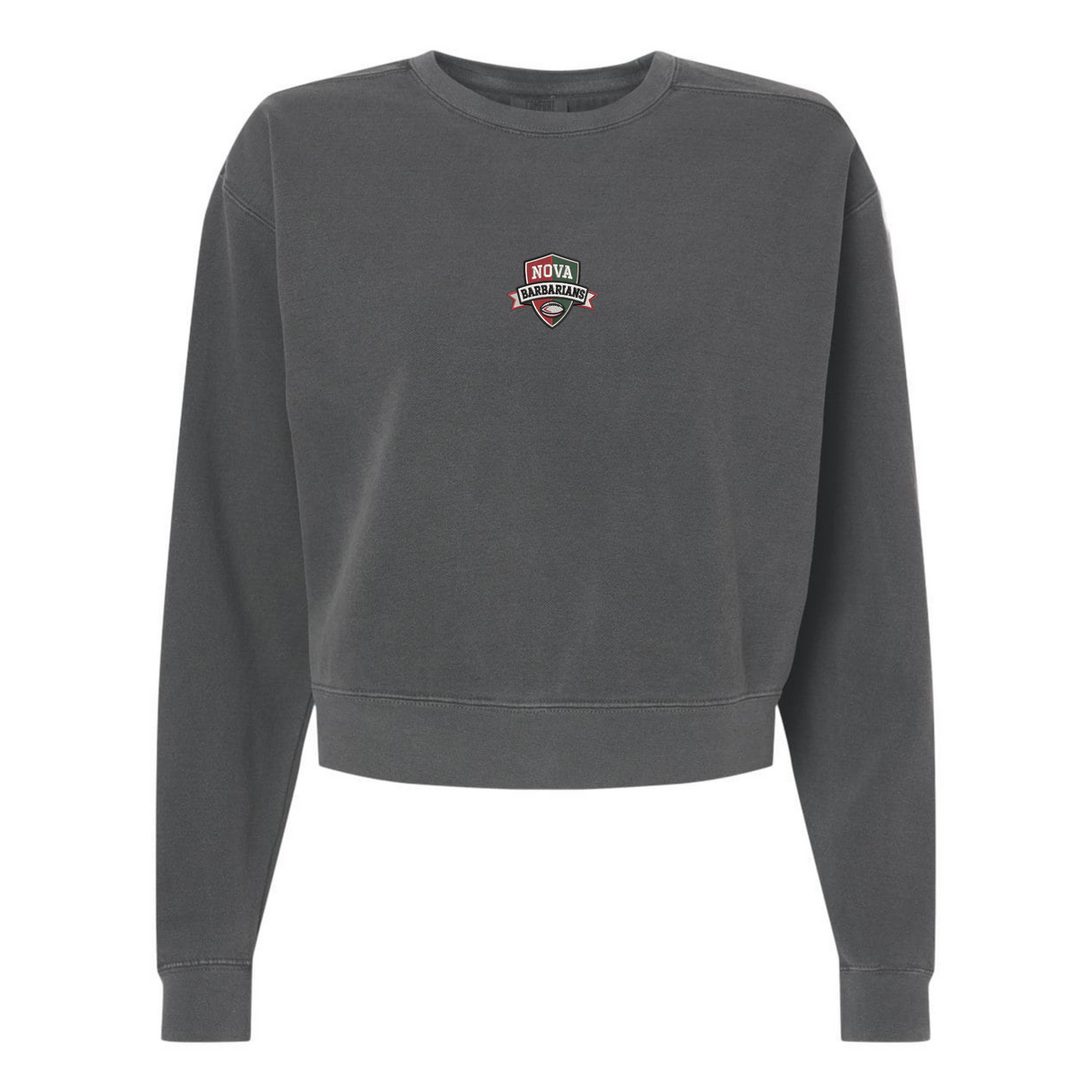 Gray sweatshirt with a logo on the chest against a white background