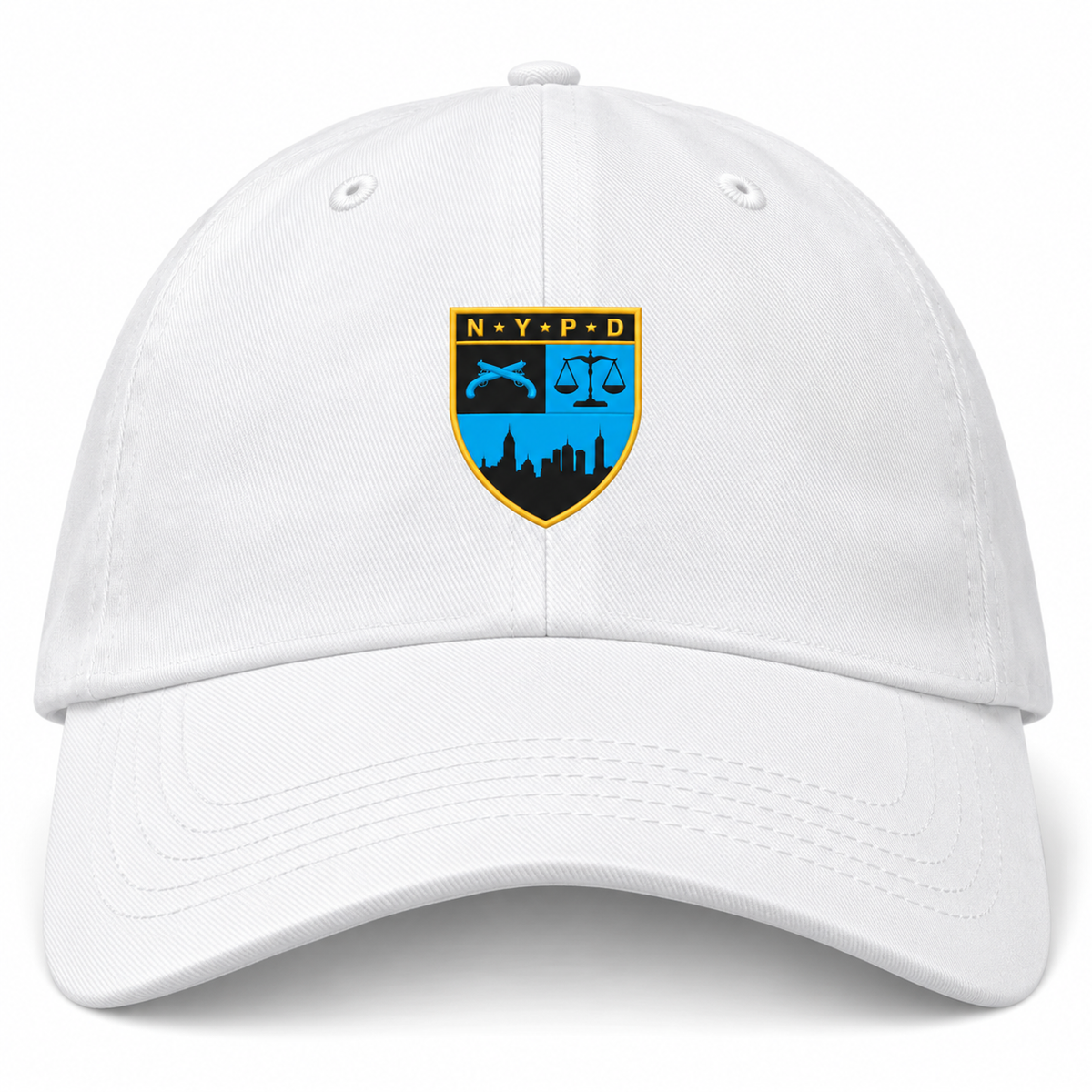 New York Police Dept. Rugby Adult Low-Profile Cotton Twill Dad Cap in white cotton twill with an embroidered NYPD shield emblem featuring pistols, a scale of justice, and a city skyline.