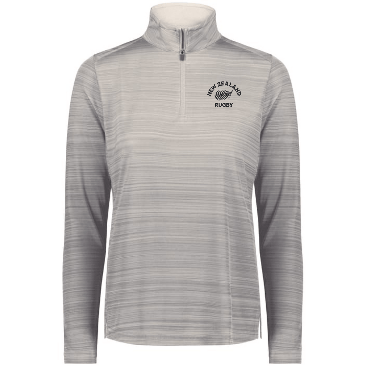 The EMB Augusta Women's Nations of Rugby New Zealand Pursuit 1/4 Zip Pullover features subtle stripes, a "New Zealand Rugby" left chest logo, and moisture-wicking fabric—ideal for athletic wear with classic style.