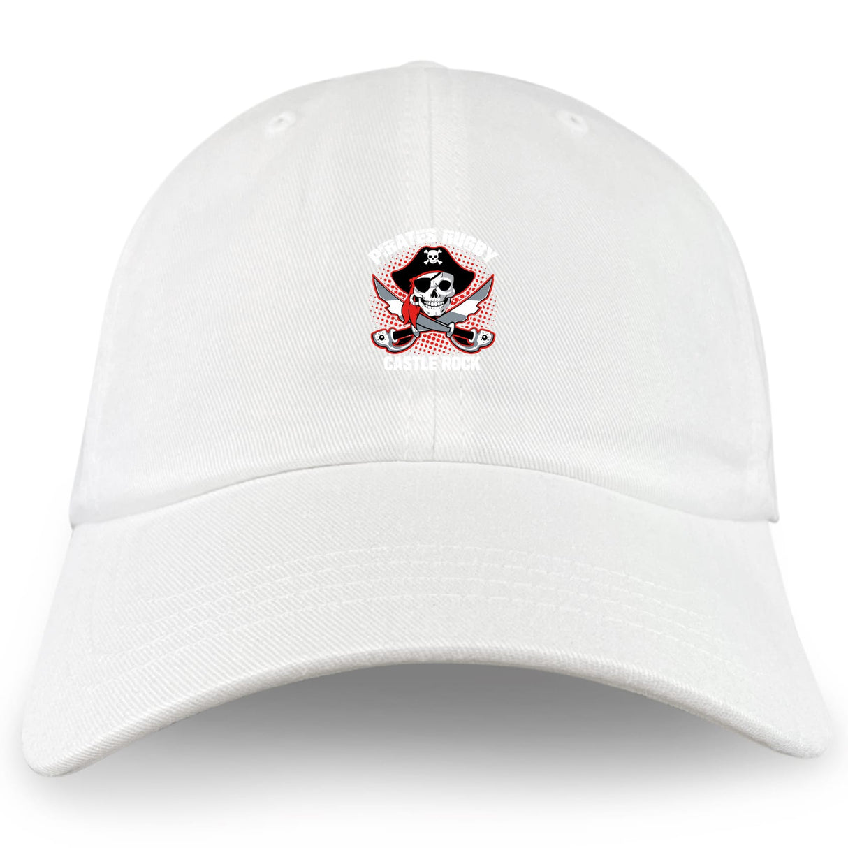The Castle Rock Pirates Rugby Adult Low-Profile Cotton Twill Dad Cap by EMB S&S Activewear features a white design with a small skull and crossbones pirate emblem, detailed with red accents, embroidered at the front center.