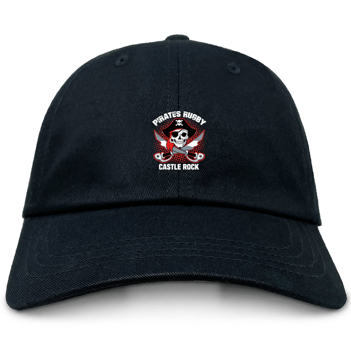 The Castle Rock Pirates Rugby Adult Low-Profile Cotton Twill Dad Cap by EMB S&S Activewear features an embroidered skull, crossed rugby balls, red wings, and "Pirates Rugby" and "Castle Rock" text—perfect for showing team pride in style.