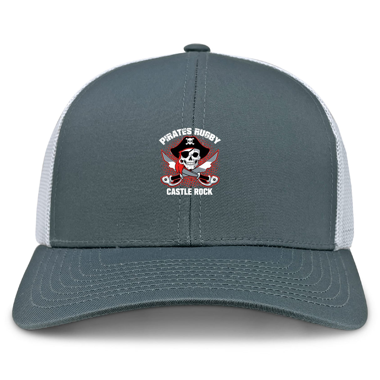 The Castle Rock Pirates Rugby Retro Trucker Cap by EMB S&S Activewear features a gray and white design with an embroidered skull, crossbones, rugby balls, and “Pirates Rugby Castle Rock” logo. Classic snapback closure ensures adjustable comfort.