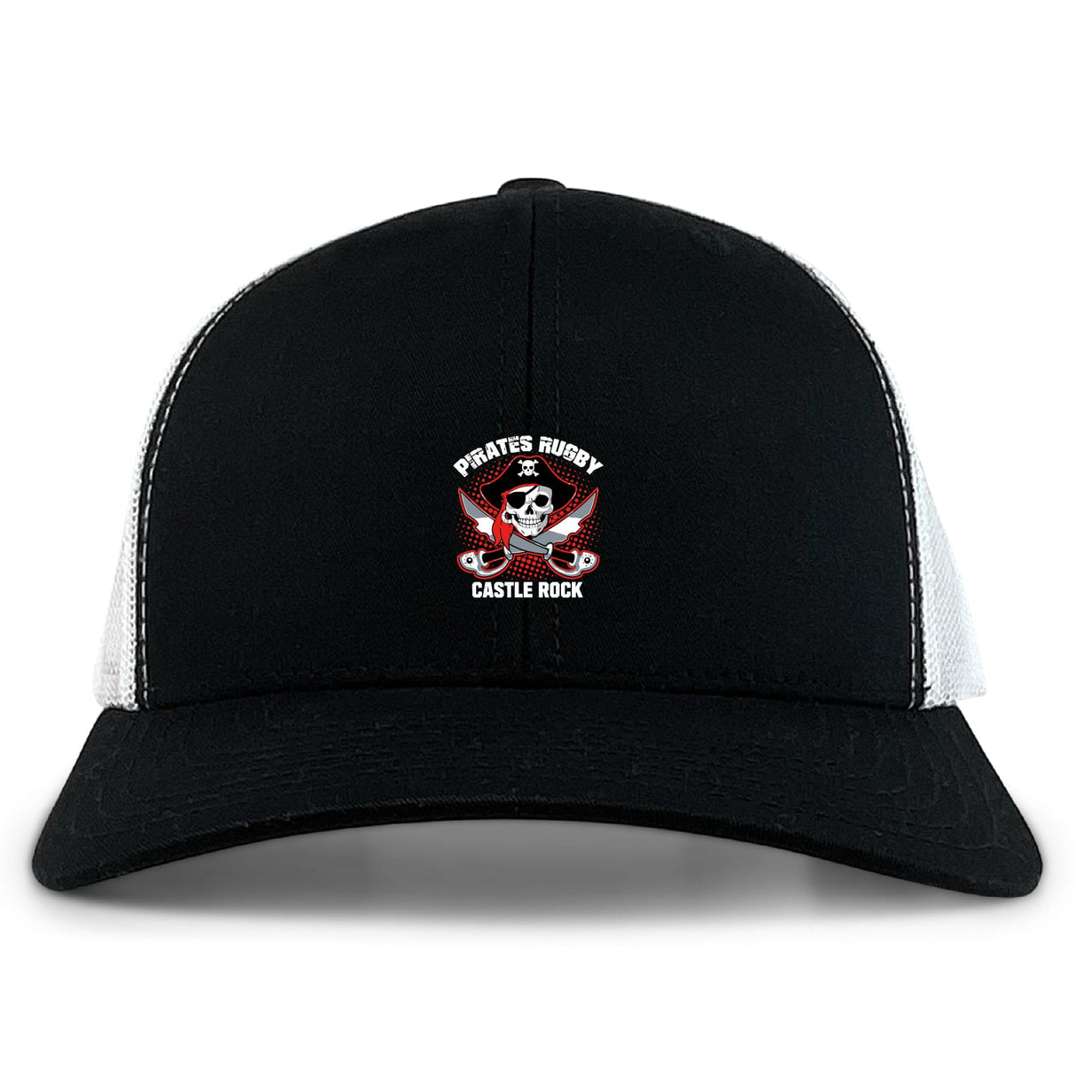 The Castle Rock Pirates Rugby Retro Trucker Cap by EMB S&S Activewear features a black and white design, front skull and crossed swords embroidery, "Pirates Rugby Castle Rock" text, and a snapback closure.