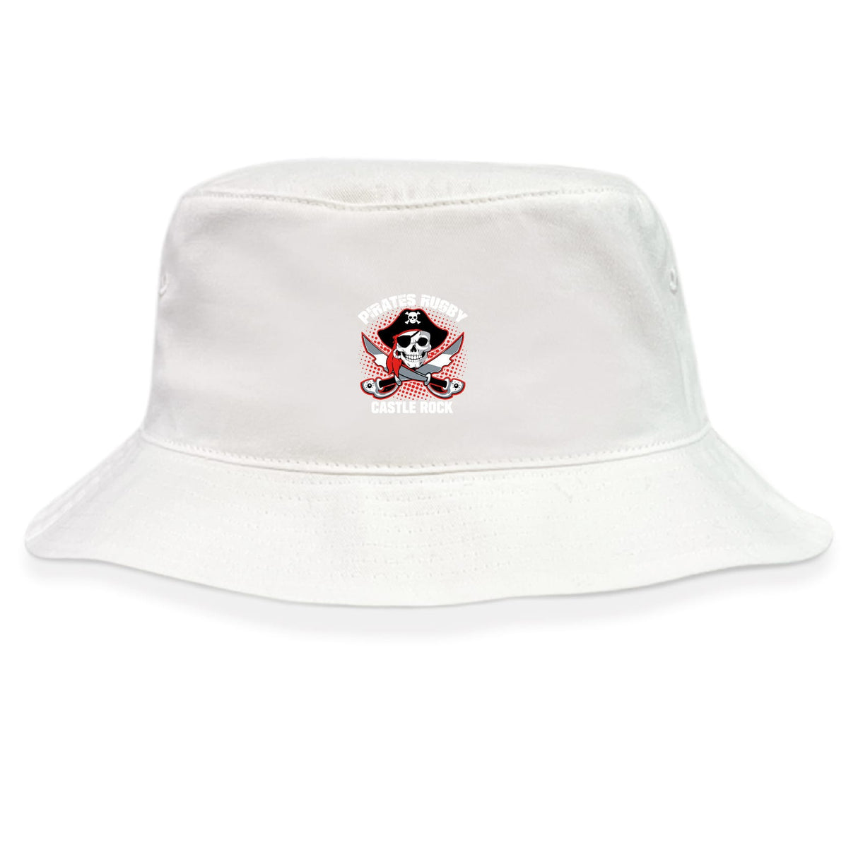 The EMB S&S Activewear Castle Rock Pirates Rugby Crusher Bucket Cap features white cotton twill, a small embroidered pirate logo, and "Pirate Rugby Castle Rock" text on the front for stylish sun protection.