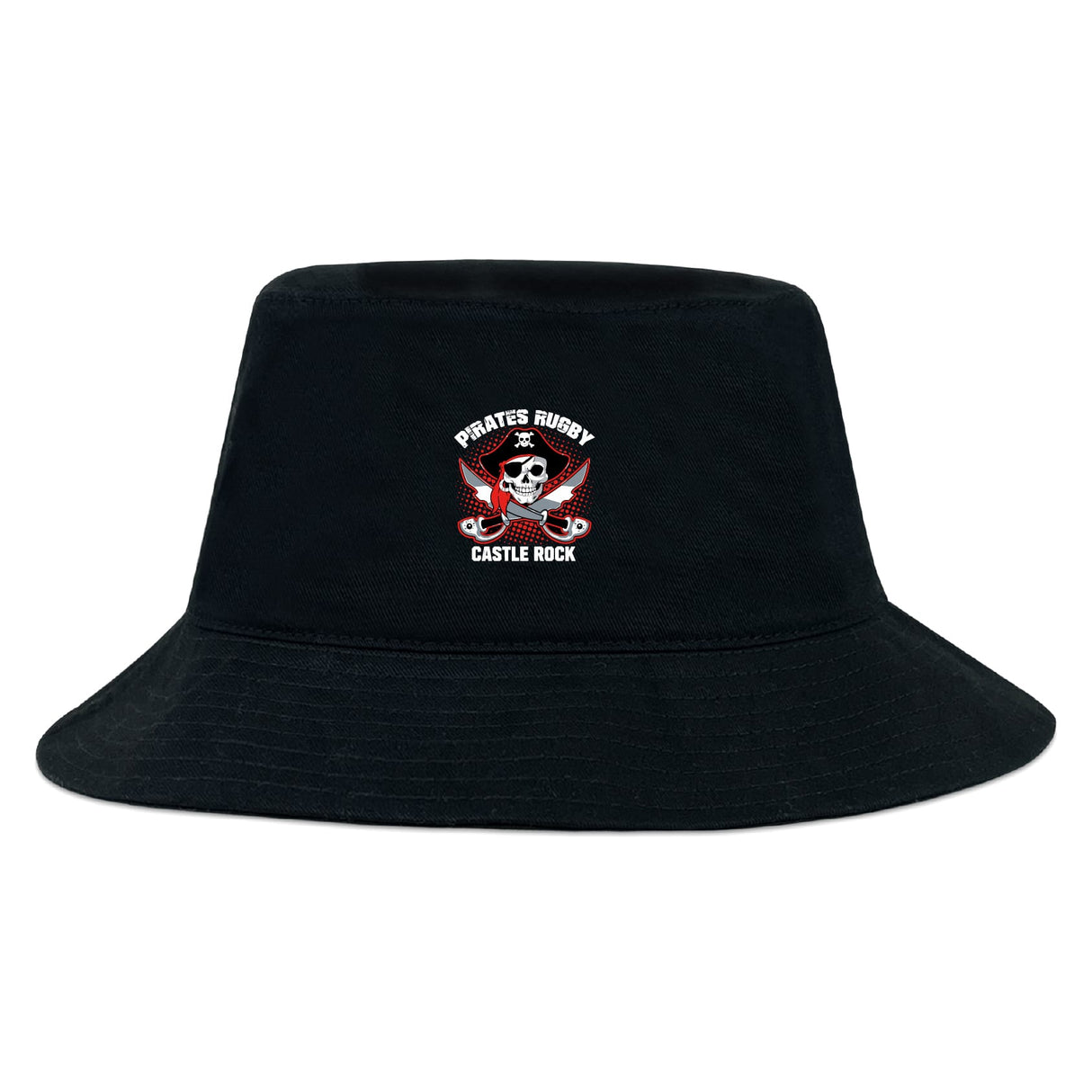 The Castle Rock Pirates Rugby Crusher Bucket Cap by EMB S&S Activewear is a black cotton twill hat with an embroidered skull and crossbones logo and "Pirates Rugby Castle Rock" text—ideal for stylish sun protection.