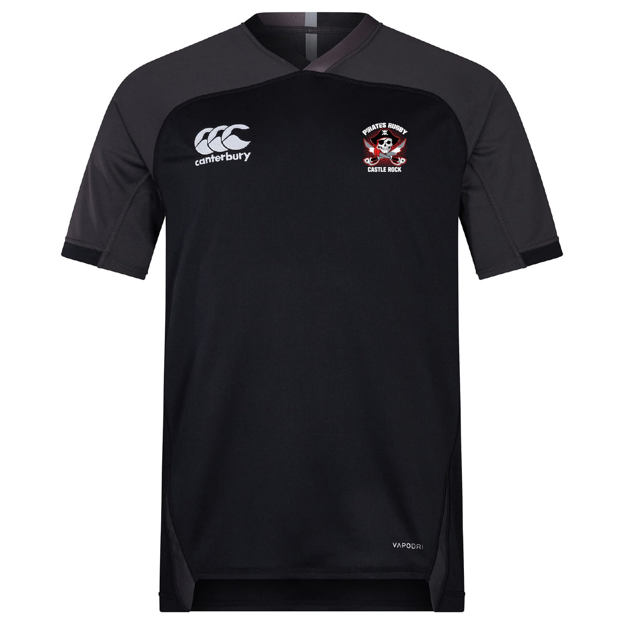 The Castle Rock Pirates Rugby Vapodri Evader Jersey by EMB Canterbury is a black and dark grey short-sleeve jersey featuring the team crest, Canterbury logo, and advanced "VapoDri" moisture-wicking technology for top performance.