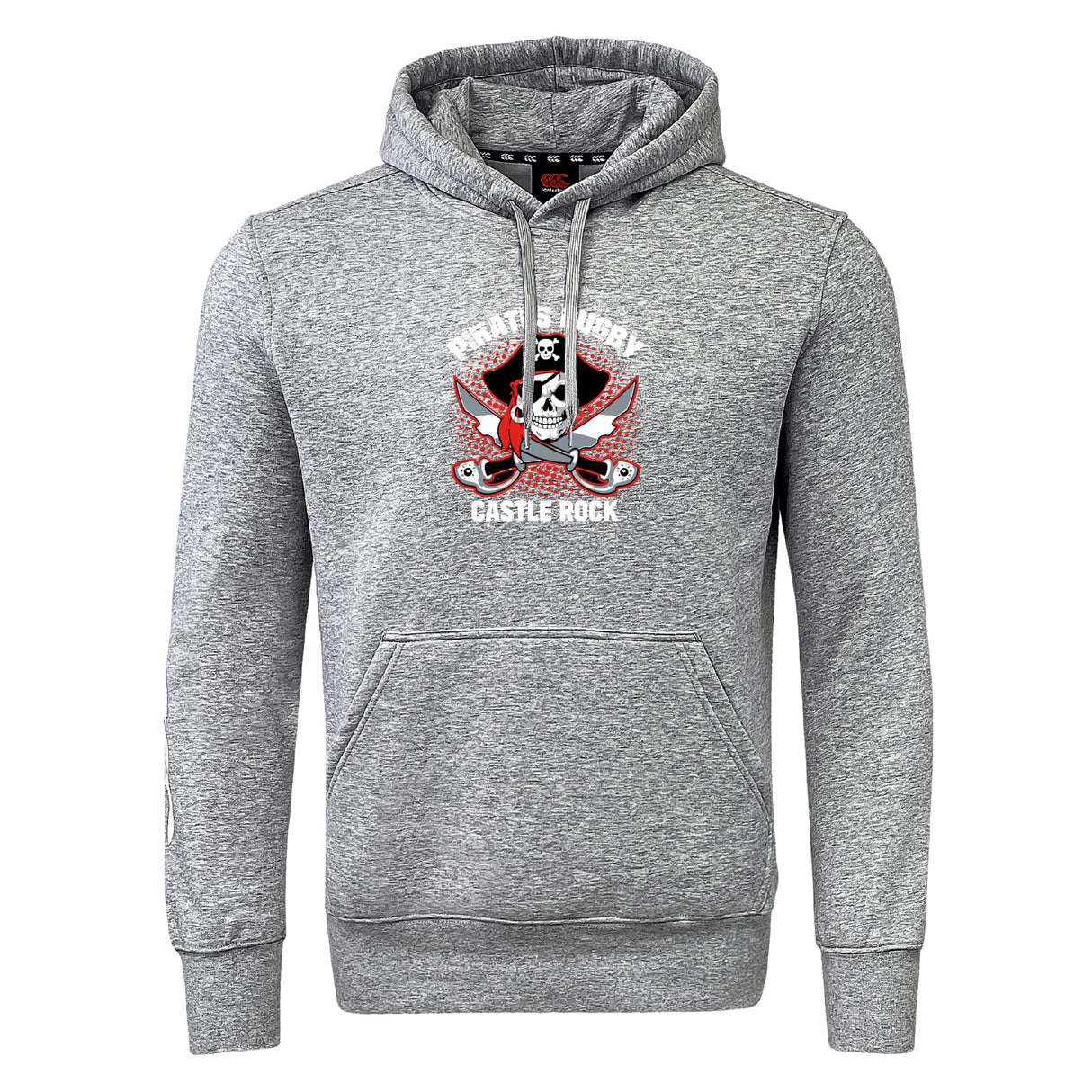 The Castle Rock Pirates Rugby Club Hoodie by WRS Canterbury is a gray hoodie with front pocket, featuring a "Pirate Surf Castle Rock" chest emblem with skull, crossbones, and red surfboards.