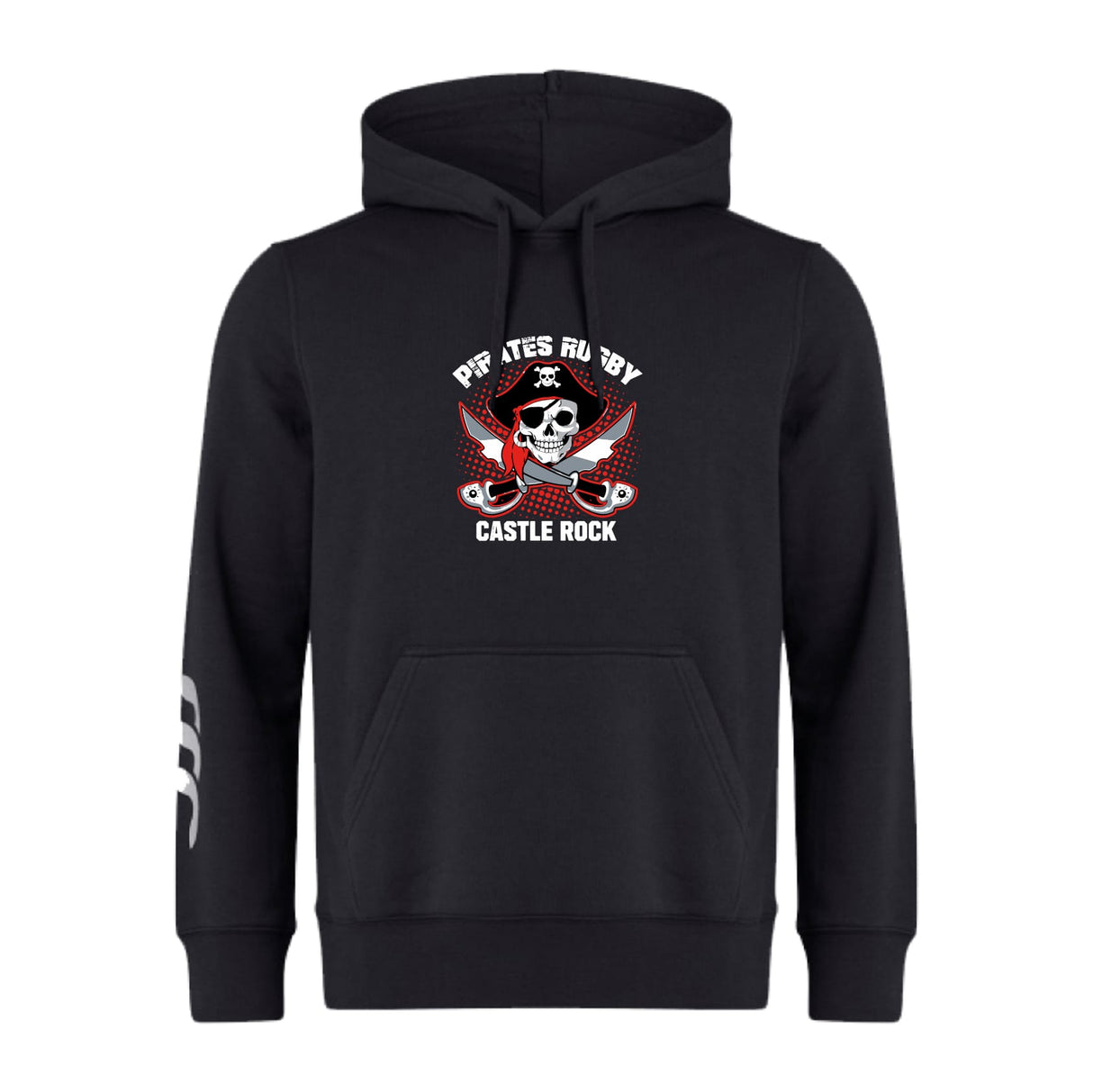 The Castle Rock Pirates Rugby Club Hoodie by WRS Canterbury features "Pirates Rugby Castle Rock" text, a skull with crossed rugby balls and red wings on the chest, and white stripes on the left sleeve.