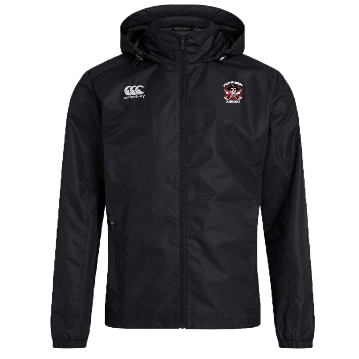 The Castle Rock Pirates Rugby Club Vaposhield Full Zip Rain Jacket by EMB Canterbury features a hood, water-resistant VapoShield tech, a white Canterbury logo on the right chest, and the team crest with text on the left chest.