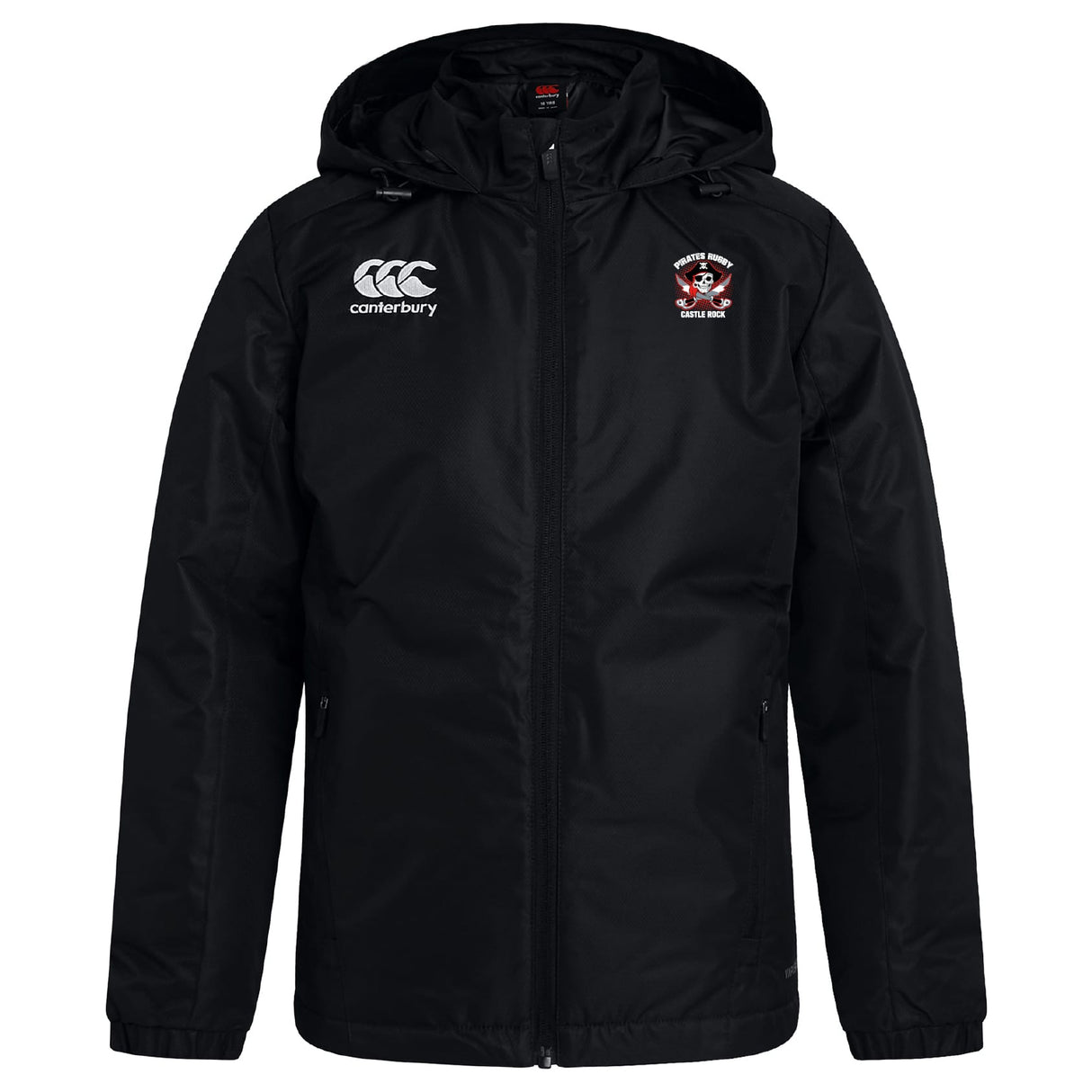 The Castle Rock Pirates Rugby Club Vaposhield Stadium Jacket by EMB Canterbury is a black, hooded rugby jacket with a front zipper, padded insulation, the Canterbury logo on the right chest, and a team crest with text on the left.