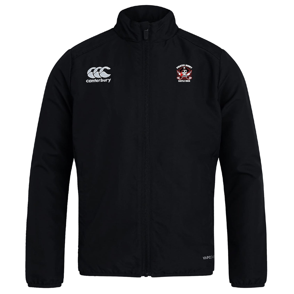 Stay comfortable on and off the field in the Castle Rock Pirates Rugby Club Track Jacket by EMB Canterbury. This lightweight, water-repellent black jacket features a "Canterbury" logo on the right chest and an embroidered club badge on the left.
