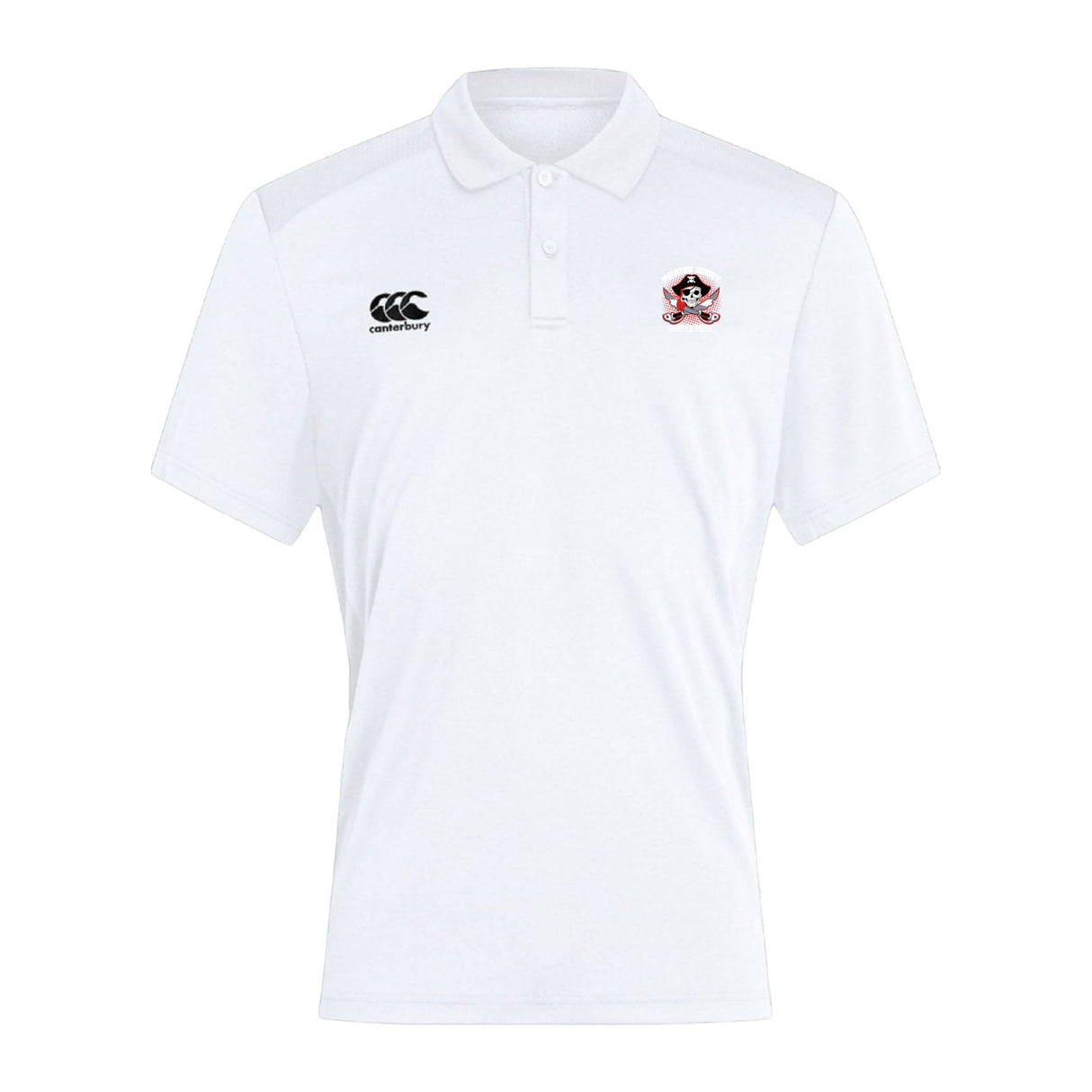The Castle Rock Pirates Rugby Club Dry Polo by EMB Canterbury features short sleeves, a collar with three buttons, breathable Vapodri tech, the Canterbury logo on the right chest, and a bear crest with red accents on the left chest.