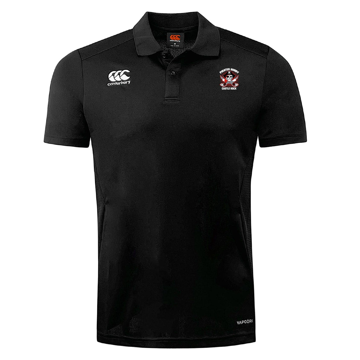 Castle Rock Pirates Rugby Club Dry Polo by EMB Canterbury features a black short-sleeve design, team crest on chest, Vapodri tech for breathable comfort, classic collar, and button placket.