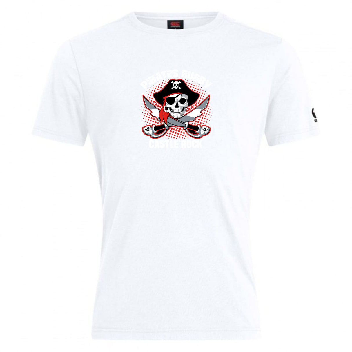 The Castle Rock Pirates Rugby Club Plain Tee by WRS Canterbury is a white cotton blend t-shirt with a skull in a pirate hat, crossed skateboards, and "CASTLE ROCK" text beneath the graphic.