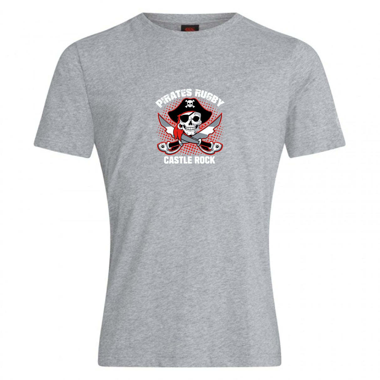 The Castle Rock Pirates Rugby Club Plain Tee by WRS Canterbury is a gray cotton blend shirt, ideal for customization, featuring a "Pirates Rugby Castle Rock" chest logo with skull, crossed swords, and red bandana.