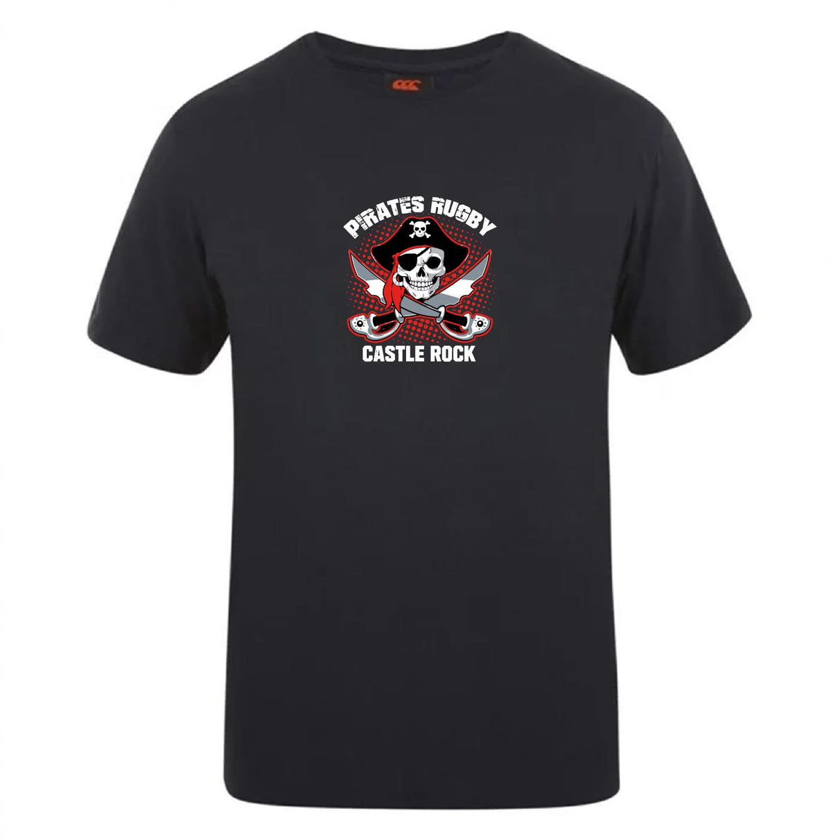 The Castle Rock Pirates Rugby Club Plain Tee by WRS Canterbury is a black cotton blend t-shirt featuring a skull and crossbones with red bandana, rugby balls, and “Pirates Rugby Castle Rock”—a bold, customizable choice for fans.