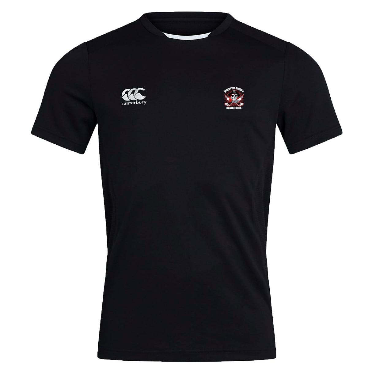 The Castle Rock Pirates Rugby Club Dry Tee by EMB Canterbury is a breathable black short-sleeve workout shirt featuring a small white Canterbury logo on the right chest and a red and white crest on the left.