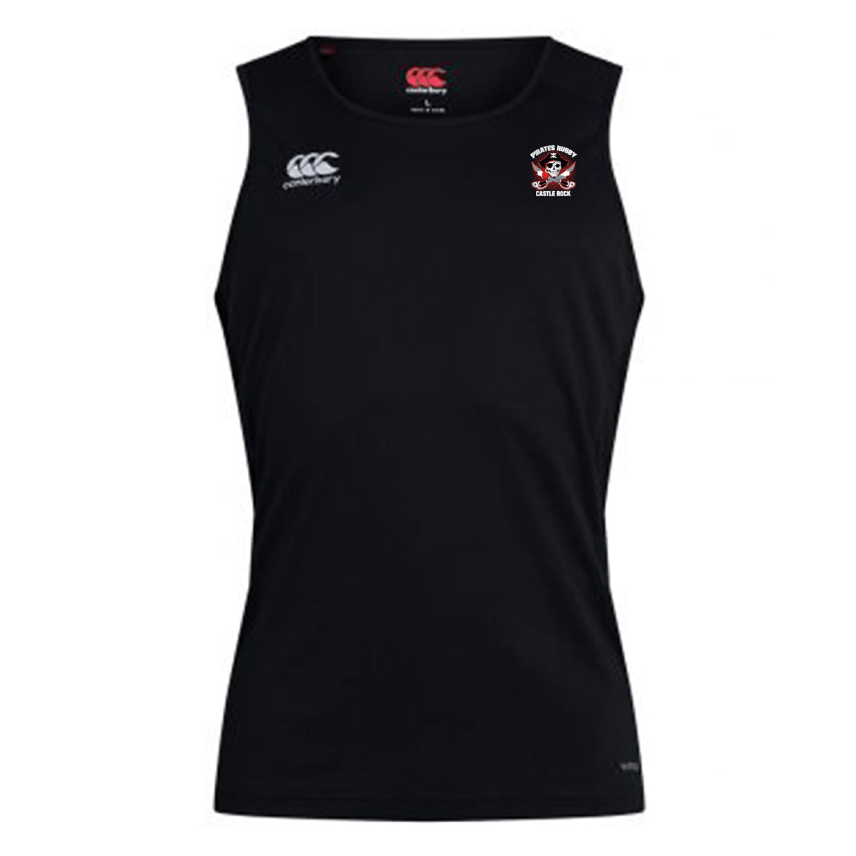 Castle Rock Pirates Rugby Club Dry Singlet by EMB Canterbury—black sleeveless top with white logos, an embroidered crest, and advanced Vapodri Technology for top athletic performance.