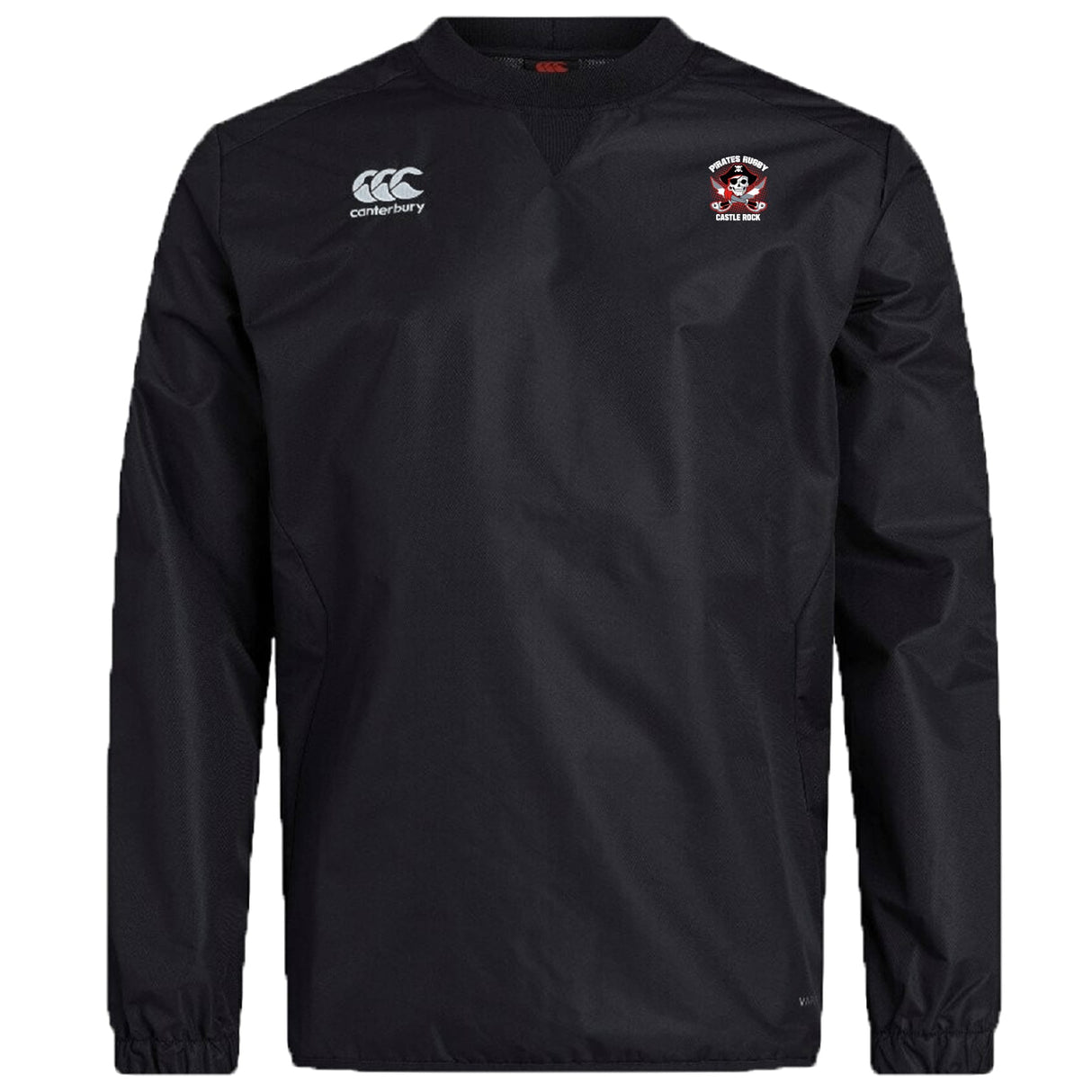 The Castle Rock Pirates Rugby Club Vaposhield Contact Top by EMB Canterbury is a black long-sleeve pullover with the Canterbury logo, team crest, and advanced Vaposhield Technology for superior performance.