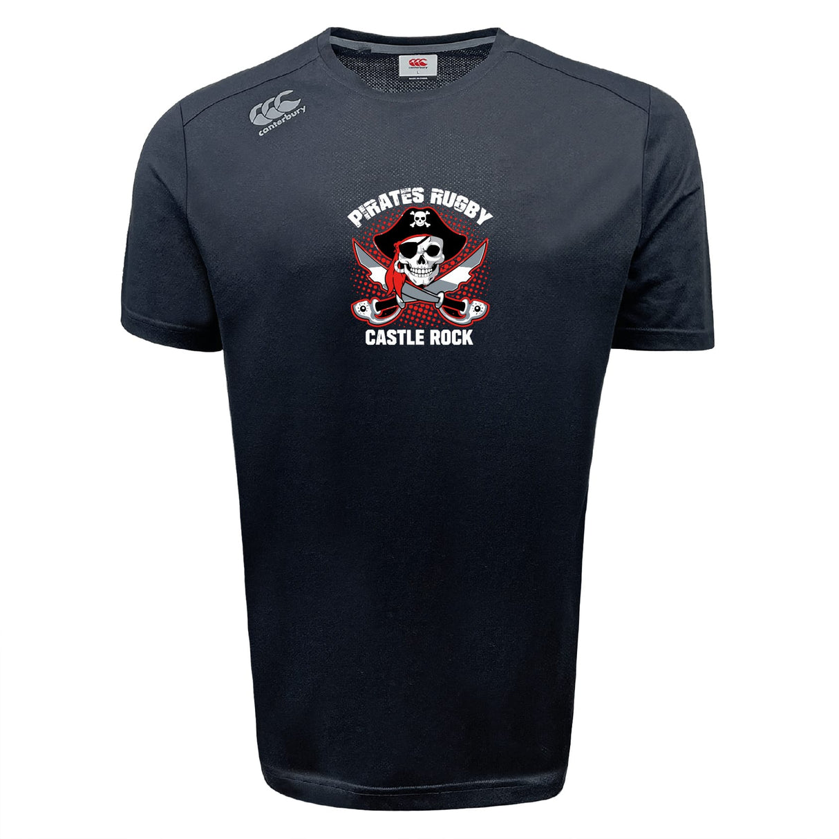 The Castle Rock Pirates Rugby Tempo Vapodri T-Shirt by WRS Canterbury features a skull with crossed rugby balls and red bandana graphic, plus “Pirates Rugby Castle Rock” on the front, making it a moisture-wicking shirt for players and fans.