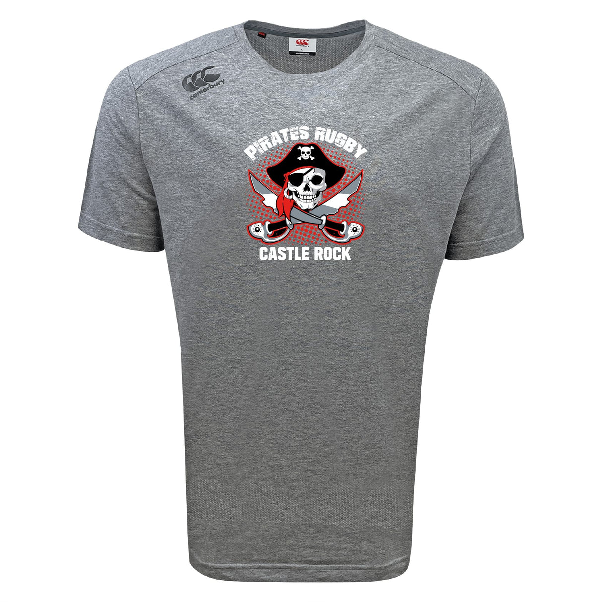 The WRS Canterbury Castle Rock Pirates Rugby Tempo Vapodri T-Shirt features a "Pirates Rugby Castle Rock" skull logo with crossed swords and offers moisture-wicking comfort, perfect for sports and training.