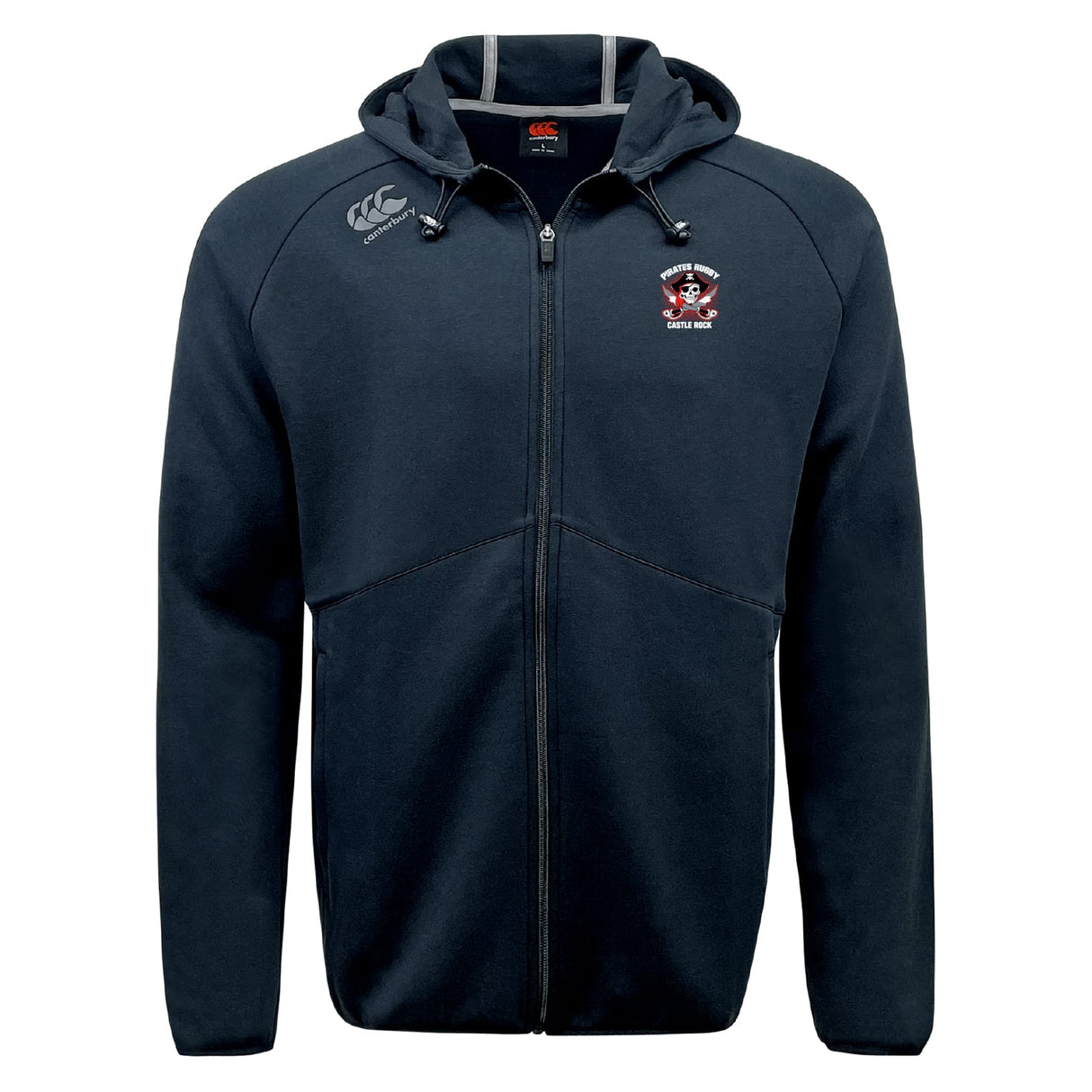 The Castle Rock Pirates Rugby Tempo Vapodri Full-Zip Hoodie by EMB Canterbury features a hood, small embroidered team logo on the left chest, brand logo on the right shoulder, and moisture-wicking fabric for all-day comfort.