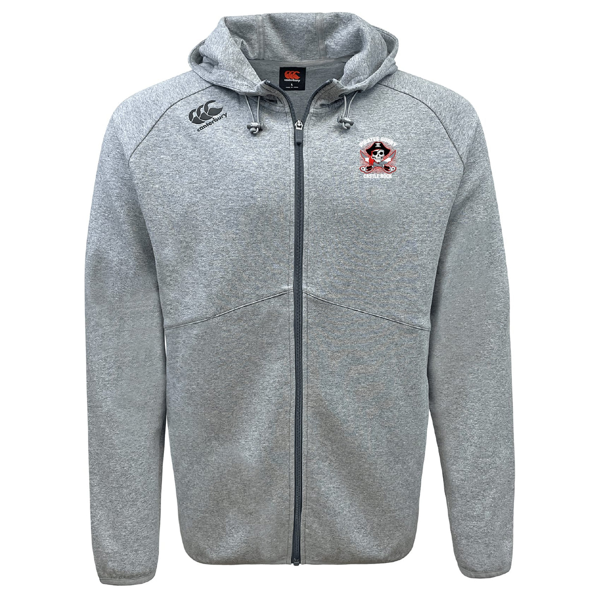 The Castle Rock Pirates Rugby Tempo Vapodri Full-Zip Hoodie by EMB Canterbury features a full zip, hood with drawstrings, embroidered chest logos, and moisture-wicking comfort for everyday wear.