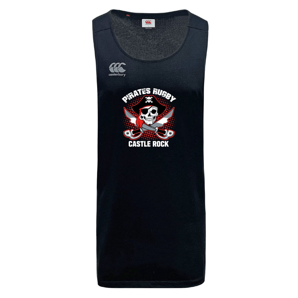 The Castle Rock Pirates Rugby Tempo Vapodri Singlet by WRS Canterbury is a black recycled polyester sleeveless jersey, featuring "Pirate's Rugby Castle Rock" and a skull with crossed swords logo on the front.