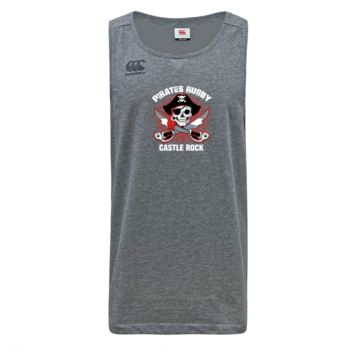 The WRS Canterbury Castle Rock Pirates Rugby Tempo Vapodri Singlet is a gray, sleeveless jersey made from recycled polyester, with "Pirates Rugby Castle Rock" and a pirate skull logo with crossed swords on the front.
