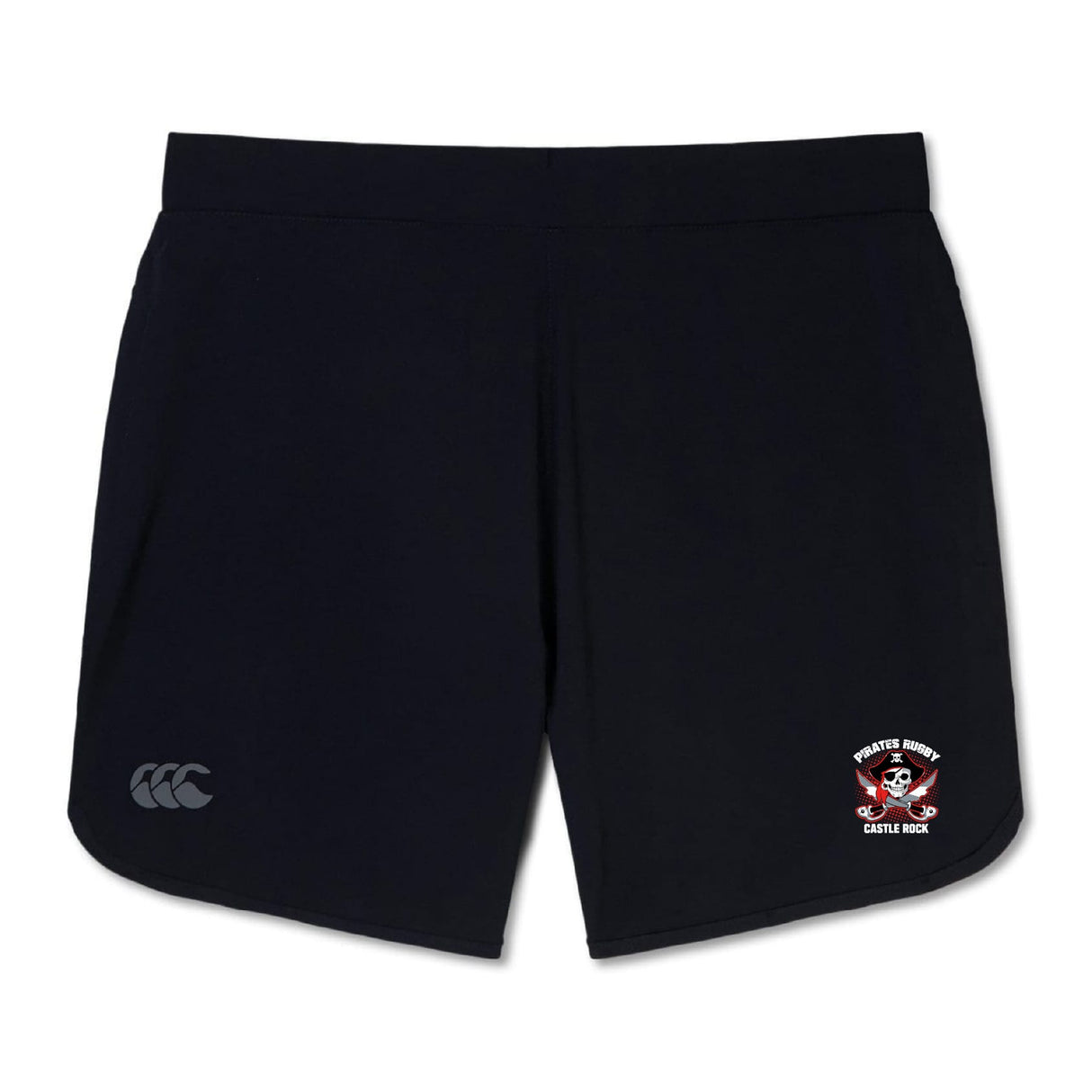 The Castle Rock Pirates Rugby Women's Elite Woven Short by EMB Canterbury features a small white logo on the left leg and a "Pirates Rugby Castle Rock" emblem on the right, ideal for gym sessions.