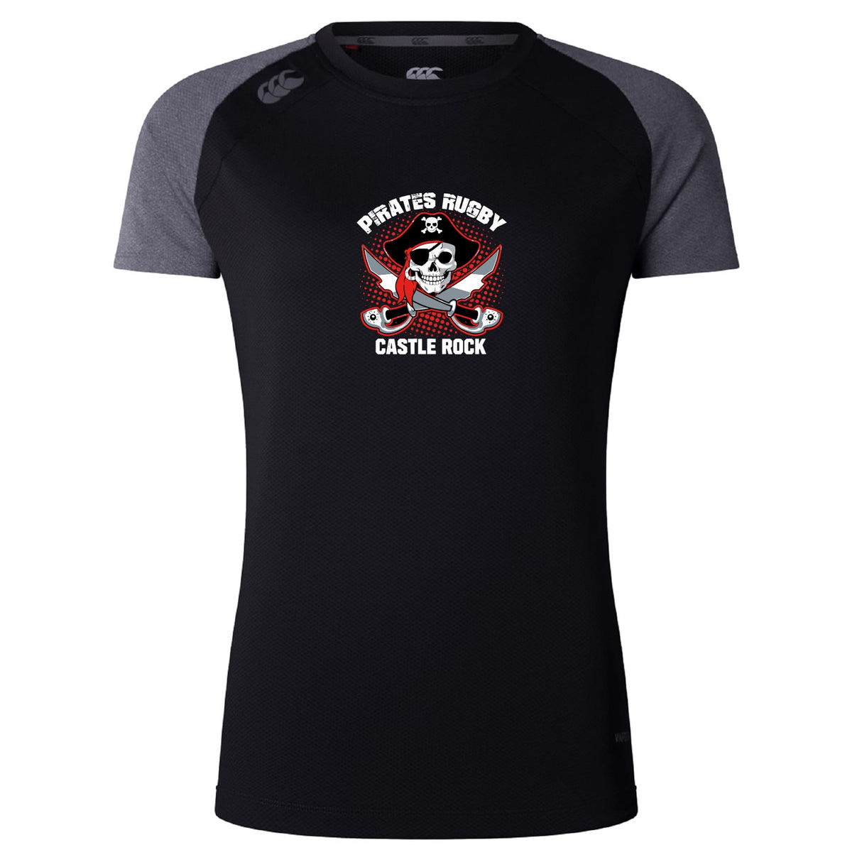 The Castle Rock Pirates Rugby Women's Elite Training Tee by WRS Canterbury is a lightweight black and gray shirt with “Pirates Rugby Castle Rock” and a skull logo, made from moisture-wicking fabric for comfortable training.