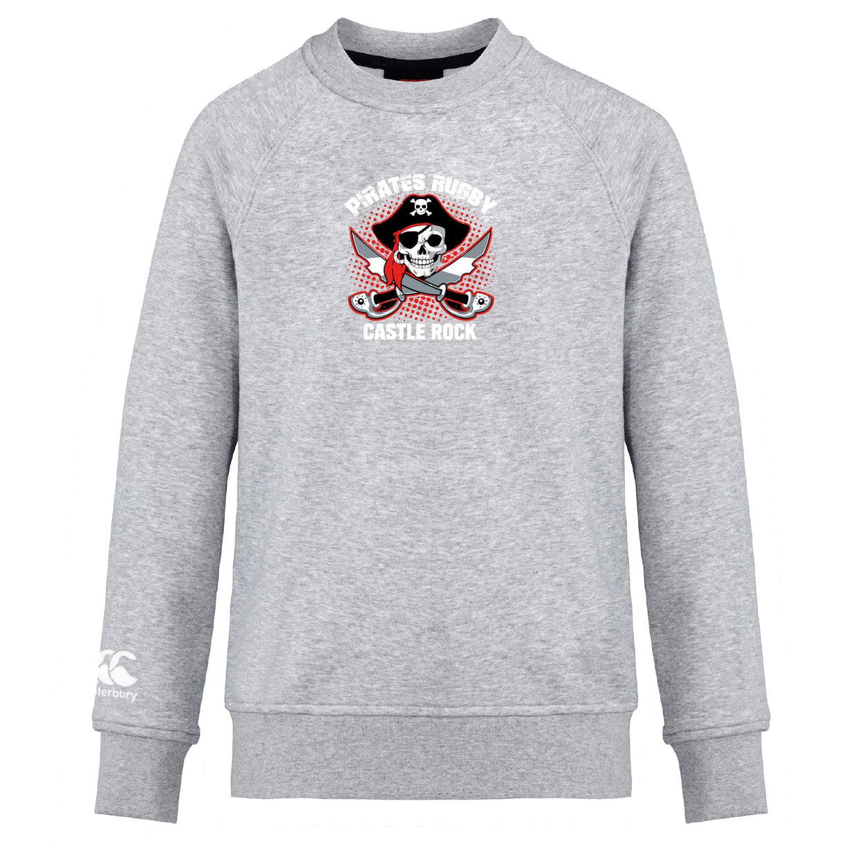 The Castle Rock Pirates Rugby Club Crew Sweatshirt by WRS Canterbury features a gray ultra-soft design, chest logo with skull, crossed swords and rugby balls, embroidered CCC logo, and small white "Kukri" logo on the left sleeve.