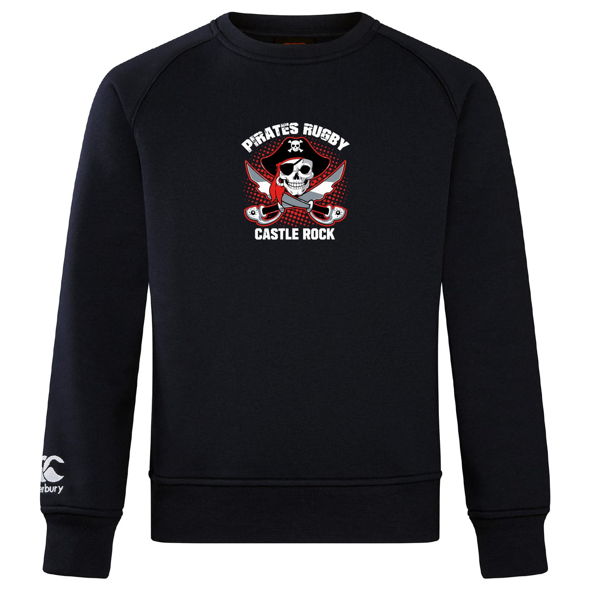 The Castle Rock Pirates Rugby Club Crew Sweatshirt by WRS Canterbury is a black, ultra-soft top featuring “Pirates Rugby Castle Rock” text and a pirate skull graphic on the front, plus an embroidered CCC logo on the left sleeve.