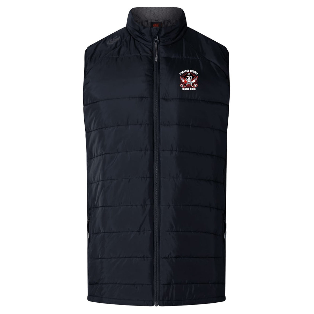 A black sleeveless quilted vest with full front zipper in the Castle Rock Pirates Rugby Elite Microlite Gilet style by EMB Canterbury, featuring a red and white embroidered "Buffalo Park" logo on the left chest.