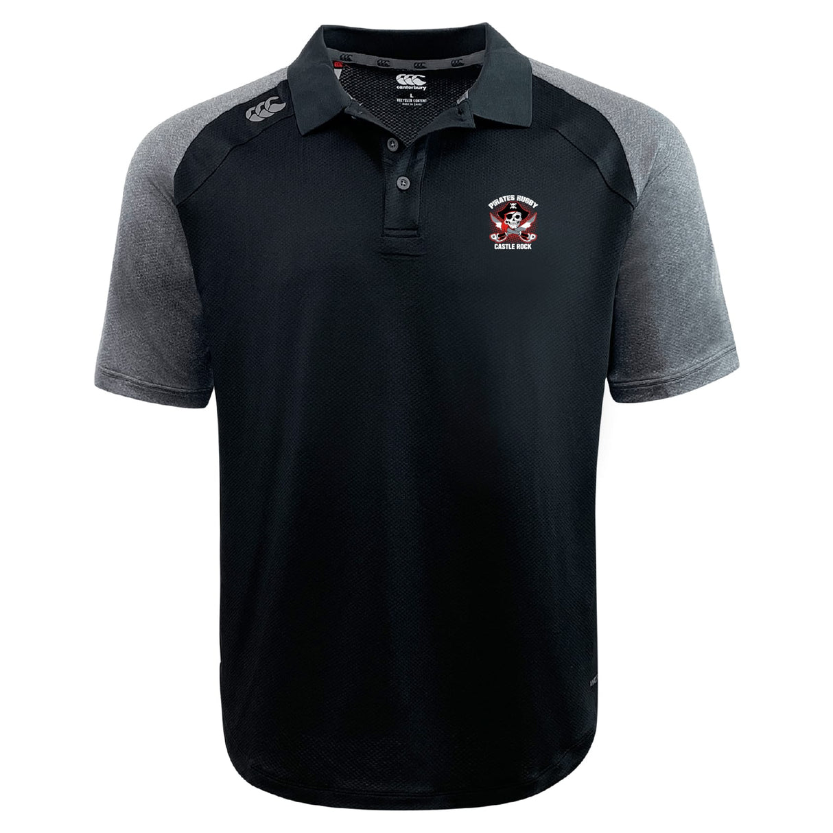 The Castle Rock Pirates Rugby Elite Polo by EMB Canterbury features a black design with dark gray sleeves, buttoned collar, and embroidered team logo on the chest. Made with Vapodri fabric for a lightweight, durable feel.