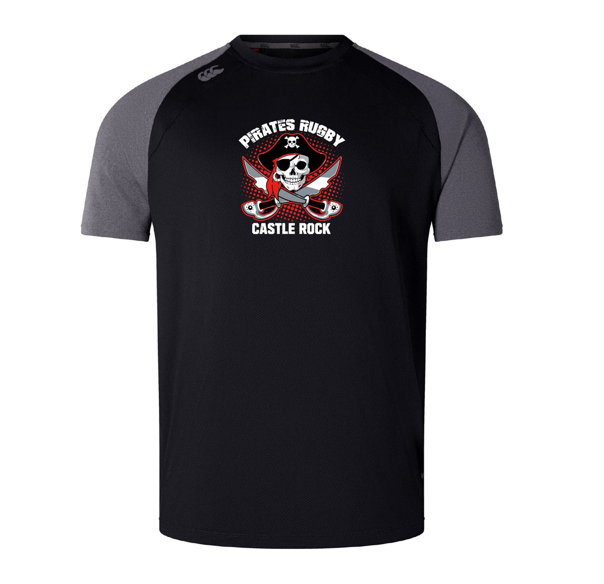 The Castle Rock Pirates Rugby Elite Training Tee by WRS Canterbury is a black and gray short-sleeve tee with "Pirates Rugby Castle Rock" and a skull logo on the front, designed for training or everyday wear.