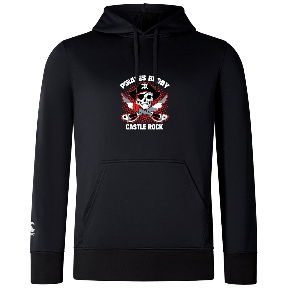 The Castle Rock Pirates Rugby Club Lightweight Hoodie by WRS Canterbury features a custom skull, crossed swords, and rugby balls logo—perfect for Canterbury fans seeking style and comfort.