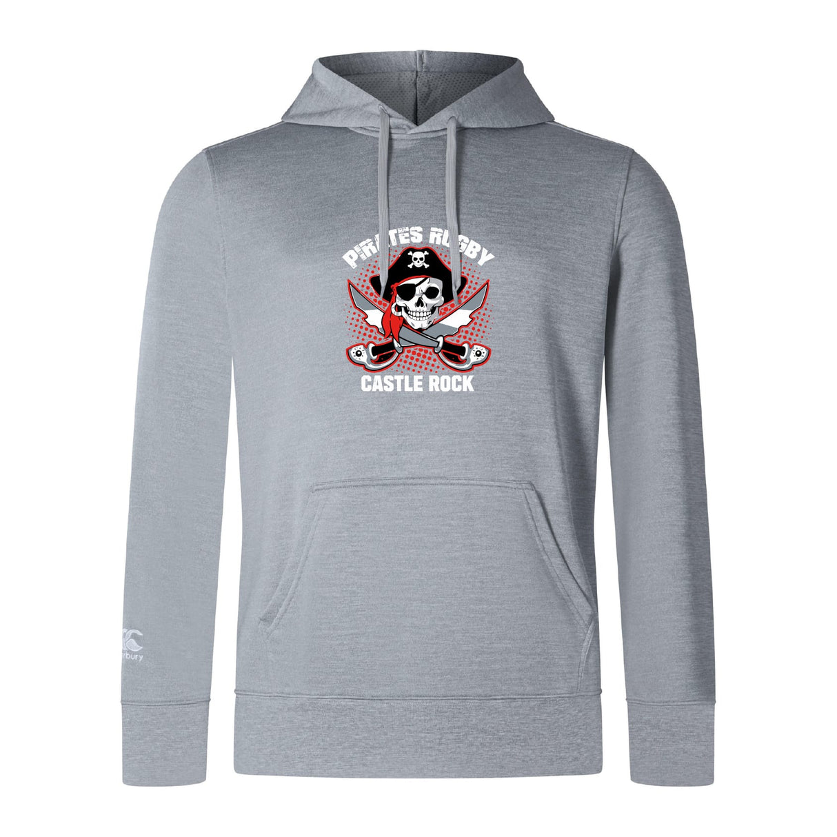 Show your Canterbury pride with the Castle Rock Pirates Rugby Club Lightweight Hoodie by WRS Canterbury, featuring a custom skull-and-swords logo on light gray fabric and a handy front pocket—ideal for fans.