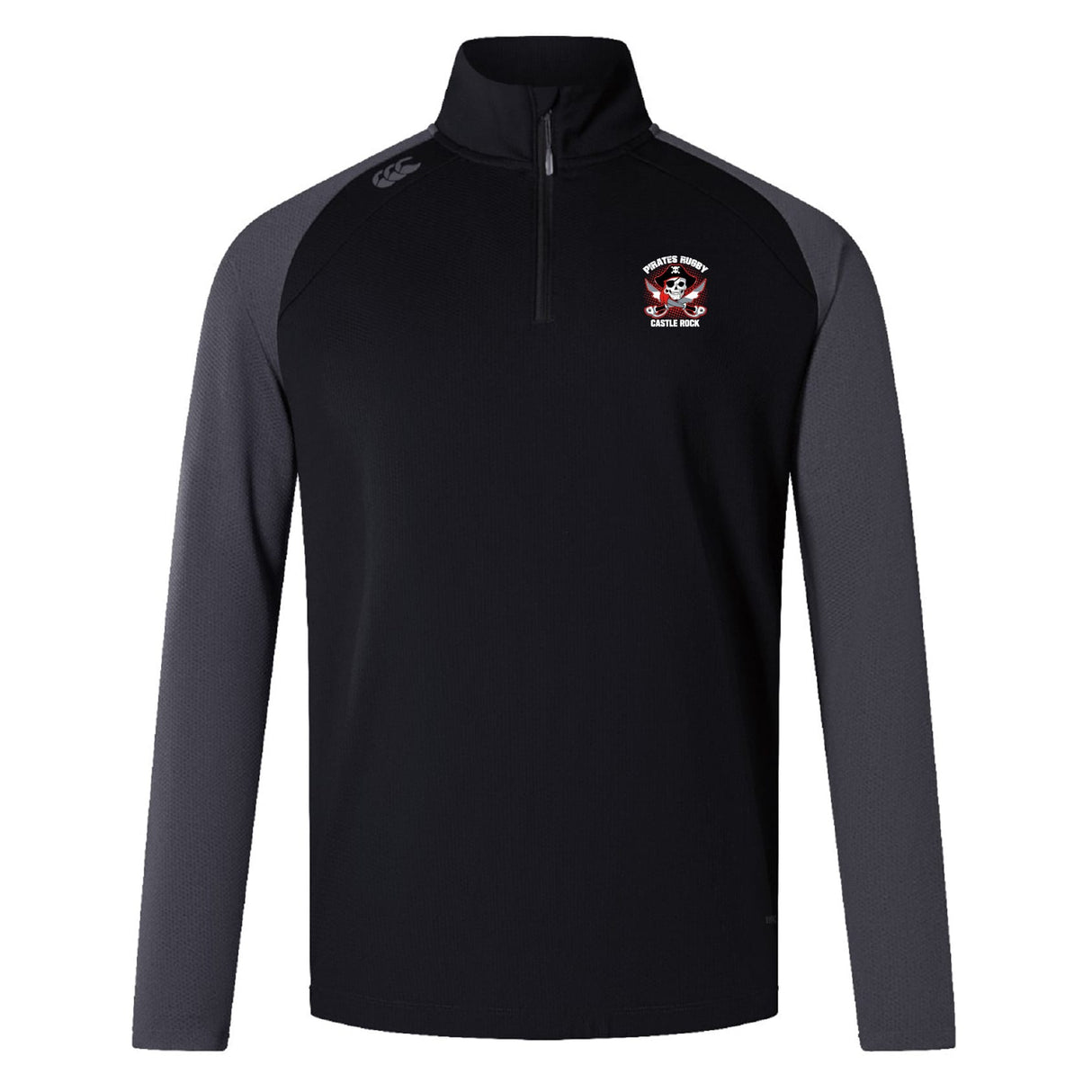 The Castle Rock Pirates Rugby Elite First Layer by EMB Canterbury is a black and gray long-sleeve quarter-zip pullover with a small embroidered team logo on the left chest and a white Canterbury logo on the right shoulder, ideal for rugby training.