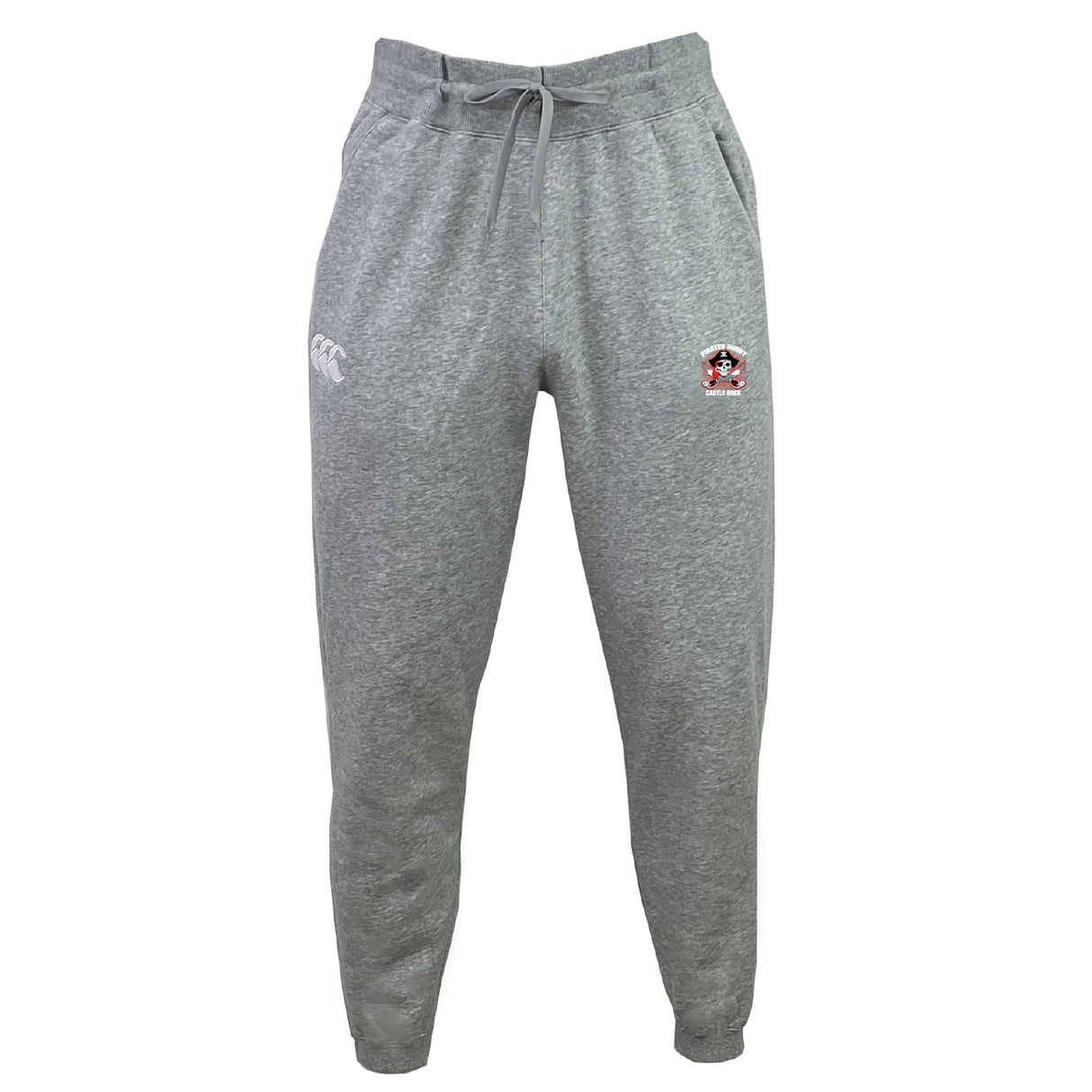 The Castle Rock Pirates Rugby Leisure Sweatpant by EMB Canterbury features a drawstring waist, embroidered logo on the left thigh, and a white emblem on the right, crafted from organic cotton and recycled polyester fleece.