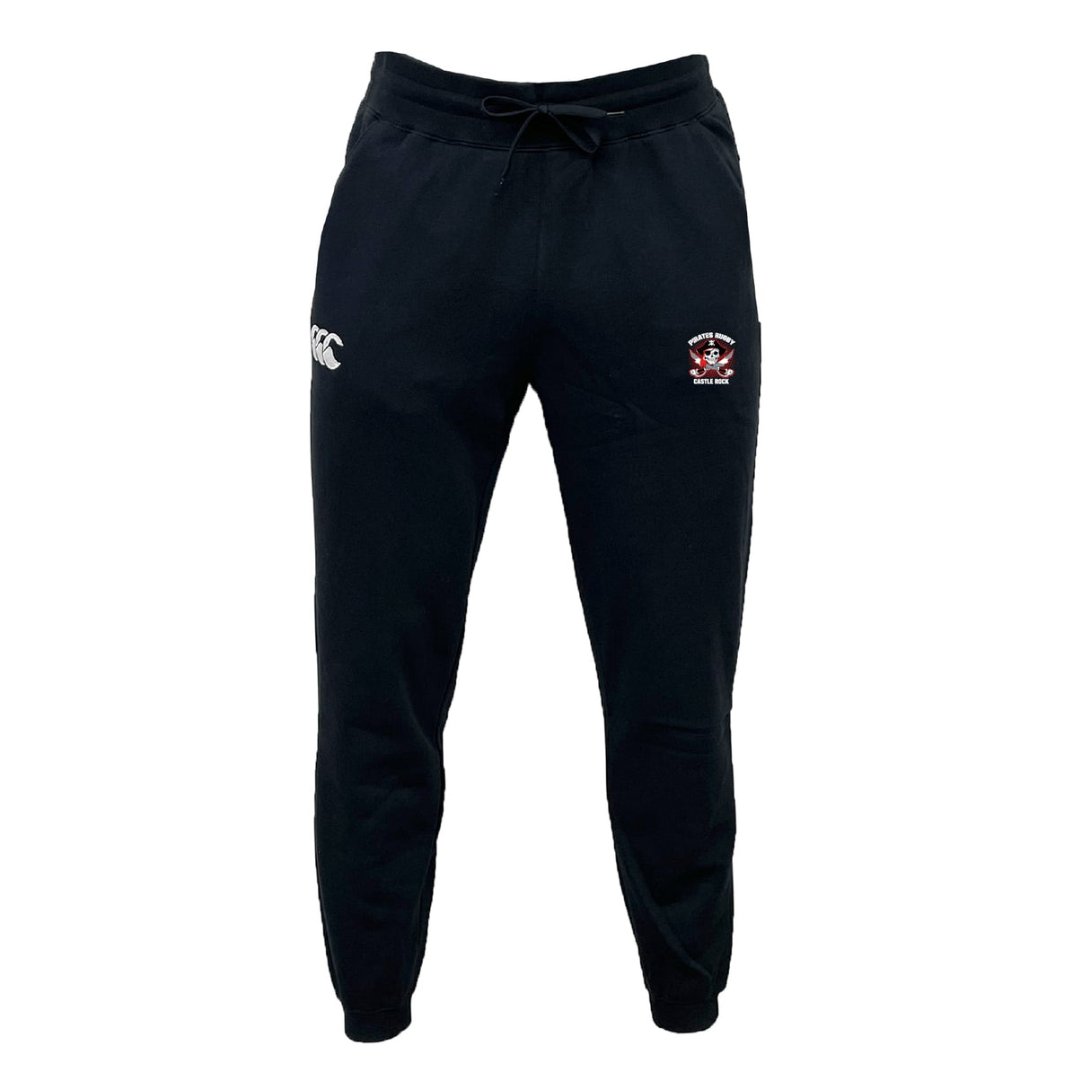 The Castle Rock Pirates Rugby Leisure Sweatpant by EMB Canterbury features a drawstring waist, white Canterbury logo on the left, an embroidered red-detailed crest on the right, and is made from recycled polyester fleece for comfort and sustainability.