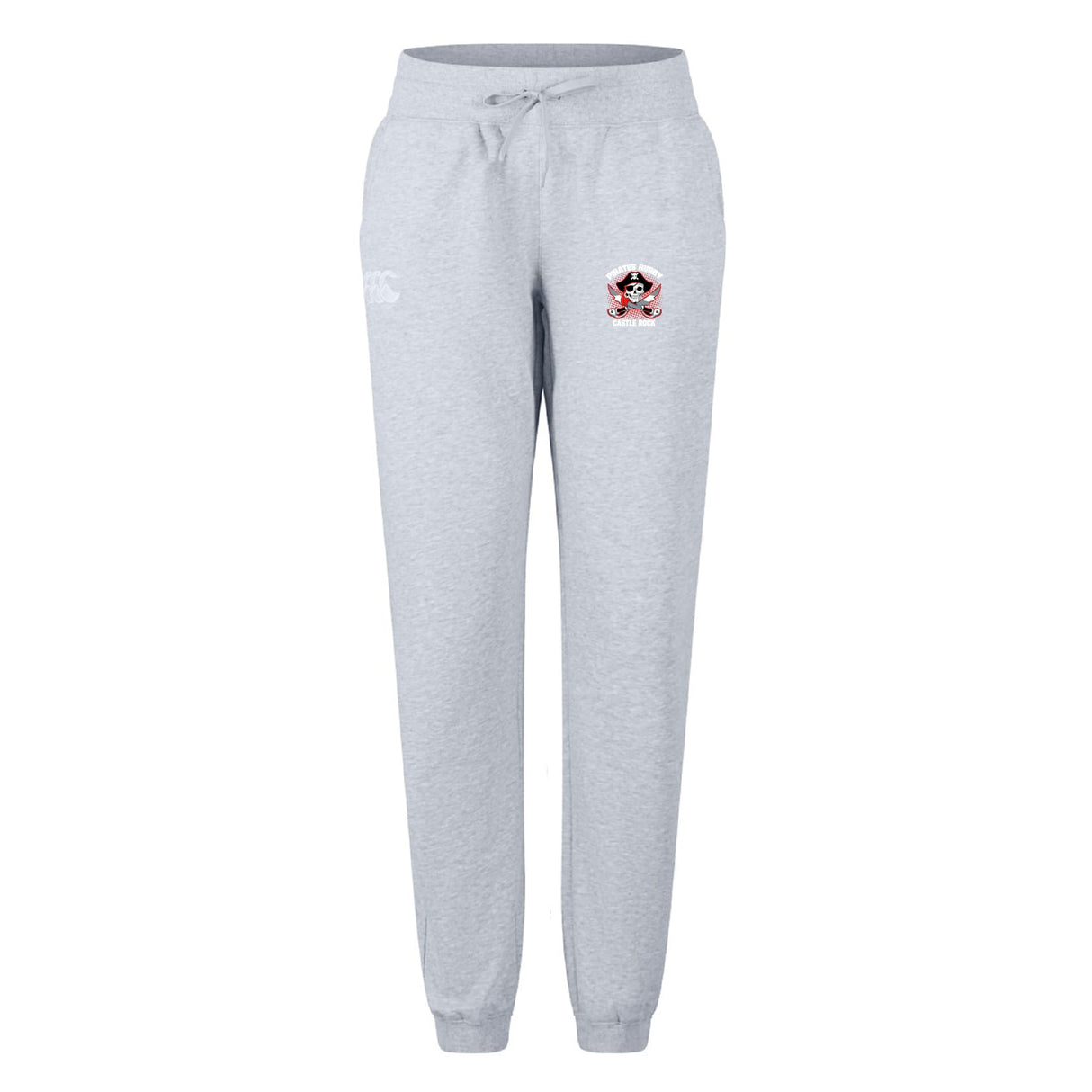 The Castle Rock Pirates Rugby Women's Leisure Sweatpant by EMB Canterbury features a light grey design, adjustable drawstring waist, and a small colorful embroidered patch on the left thigh, inspired by Canterbury rugby apparel.