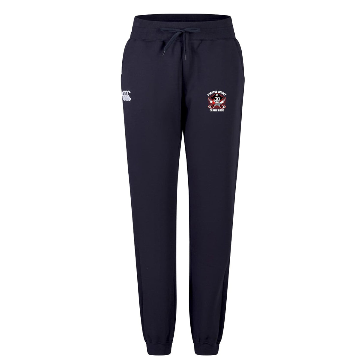 The Castle Rock Pirates Rugby Women's Leisure Sweatpant by EMB Canterbury features a navy design, drawstring waist, elastic cuffs, white Canterbury logo on the left thigh, and an embroidered Pirates crest on the right thigh.