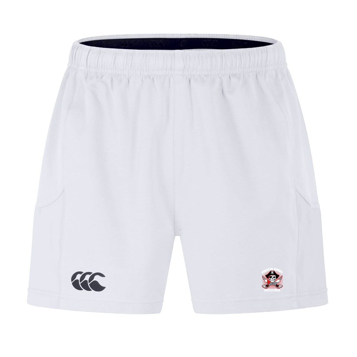 The Castle Rock Pirates Rugby Advantage Short 2.0 by EMB Canterbury features an elastic waistband, a black Canterbury logo on the left leg, an embroidered crest on the right, and is made with recycled materials for sustainability.