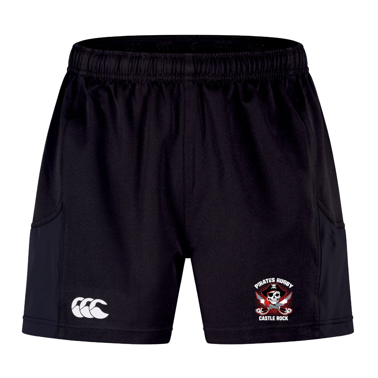 The Castle Rock Pirates Rugby Advantage Short 2.0 by EMB Canterbury features an elastic waistband, white Canterbury logo, Pirates Rugby emblem, and is made with recycled content for sustainability.