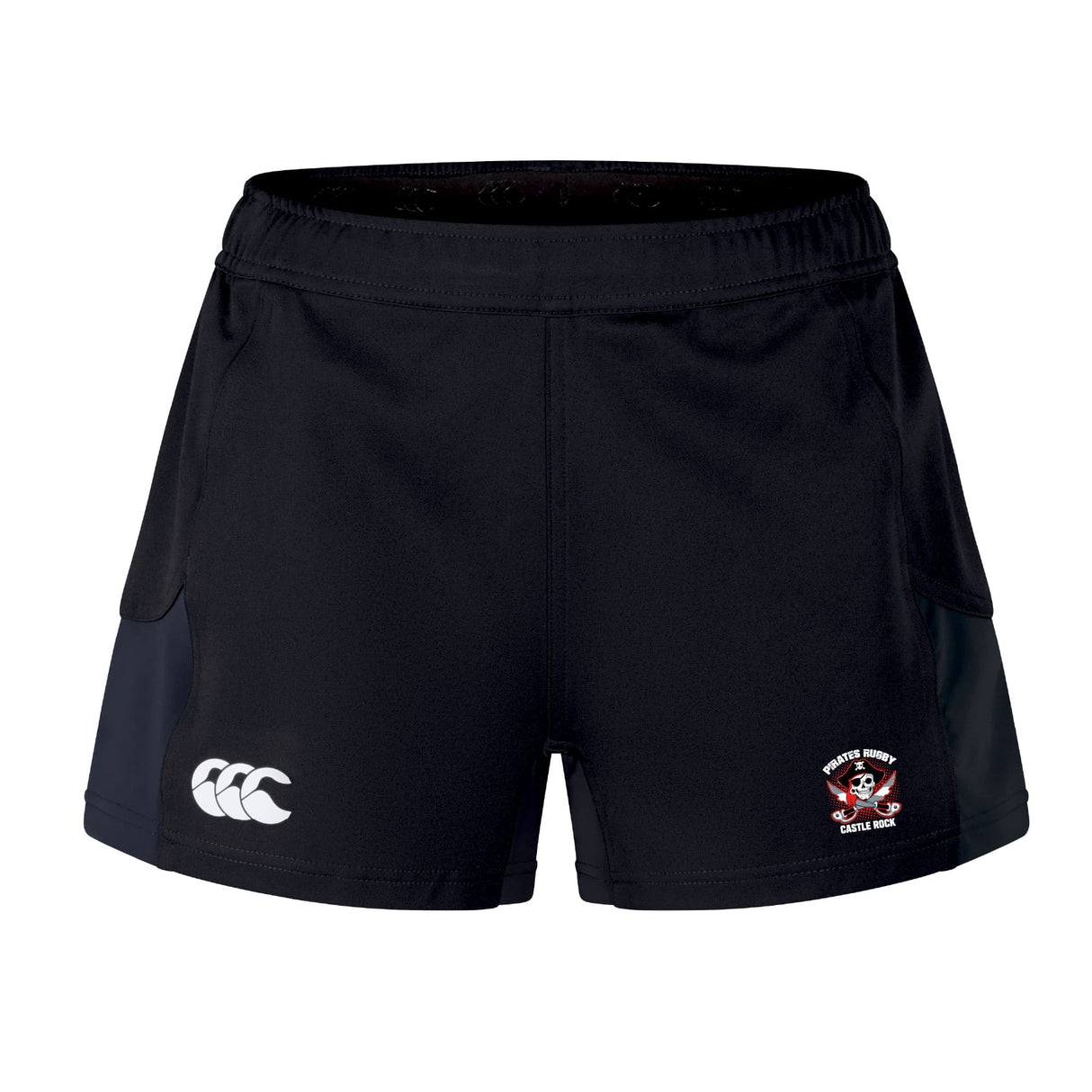 The Castle Rock Pirates Rugby Women's Advantage Short 2.0 by EMB Canterbury are black, sustainable athletic shorts with a white Canterbury logo on the left leg and a red and white crest on the right—ideal for performance training.