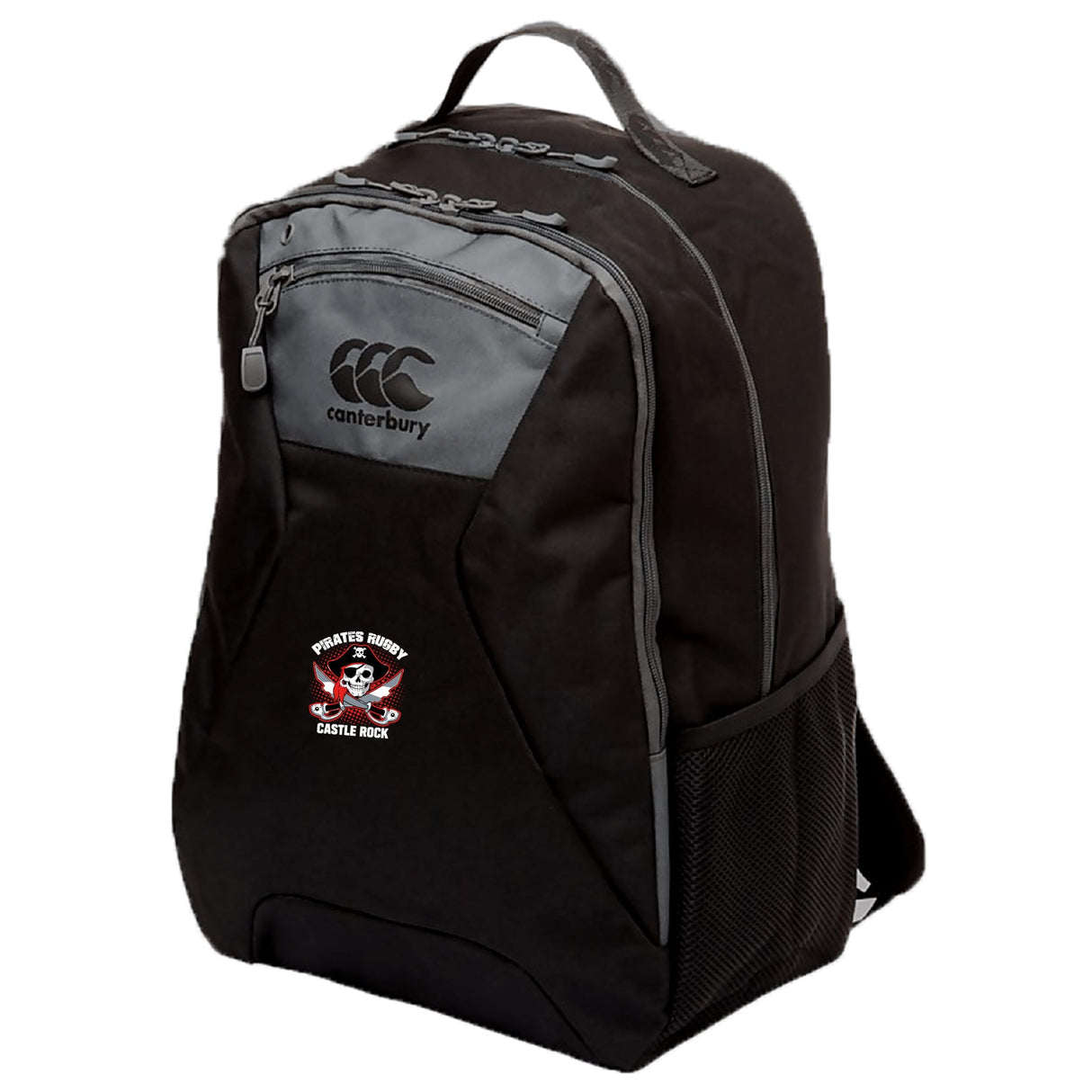 The Castle Rock Pirates Rugby Medium Backpack by Canterbury (EMB Canterbury) features gray accents, a side mesh pocket, padded laptop pocket, and the "Pirates Rugby Castle Rock" logo on the front.